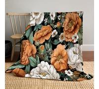 JSCWDET Watercolor Texture Blanket, Soft Fleece Flannel Throw Blanket Lightweight Comfy Warm Flower And Green Leaf Pattern Blankets For Couch Sofa Bed Office Orange Color 59"×79"