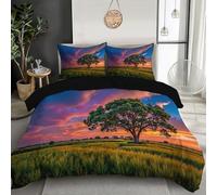 JSCWDET Wheat Field At Sunset Duvet Set - Reversible Realistic Landscape Painting Bedding, Ultrasoft Brushed Microfiber Duvet Cover with Zip Fastening, Machine Washable (Green - Single)