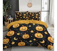 JSCWDET Yellow Duvet Cover Set Bed Cartoon Halloween Theme Microfiber Bedding Set Reversible Pumpkin Star Pattern Quilt Cover with Zipper Closure Pillowcase 51x75 cm