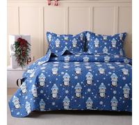 JSD Blue Penguin Kids Christmas Quilt Set Twin Size, 2 Piece Xmas Snowflakes Printed Bedspread Coverlet with Pillow Sham