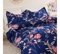 JSD Navy Blue Floral Duvet Cover Set King, Soft Printed Microfiber Comforter Cover with Zipper Closure Corner Ties, 3 Pieces