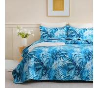 JSD Teal Blue Tropical Leaves King Quilt Set, Microfiber Quilted Blanket | 3 Piece Botanical Printed Bedspreads Coverlet with Pillow Shams, Oeko-Tex Certified