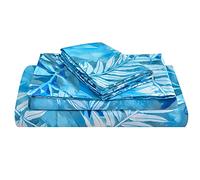 JSD Teal Blue Tropical Leaves Sheet Set Full Size, 4 Piece Printed Microfiber Sheets Extra Deep Pocket Wrinkle Free