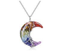 JSDDE 7 Chakra Healing Crystal Necklace Life Tree Wire Wrapped Crescent Moon Gemstone Pendant Resin Crystal Stone Necklace for Women Gift
