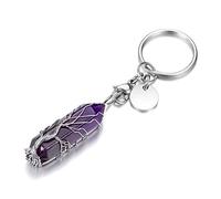JSDDE Amethyst Healing Crystal Stone Keyring Silver Life Tree Wire Wrapped Hexagonal Crystal Points Pendant Keychain