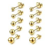 JSDDE Gold Round Ball Stud Earrings Stainless Steel Cartilage Hypoallergenic Studs Earrings for Women Men 3mm-8mm 5 Pairs