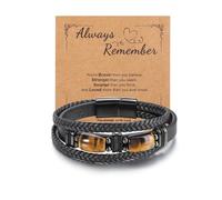 JSDDE Mens Bracelets Tiger Eye Crystal Black Leather Bracelet Gifts for Husband Boy Friend Dad Son