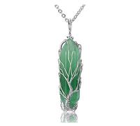 JSDDE Natural Green Aventurine Crystal Stone Necklace Life Tree Silver Wrapped Quartz Gemstone Pendant Necklaces Jewelry for Women Gift