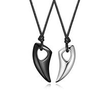 JSDDE Pack of 2 Stainless Steel Wolf Tooth Pendant with Adjustable Leather Chain Couple Chain Cool Spear Bit Pendant Couple Friendship Necklace for Women Men (Black + Silver)