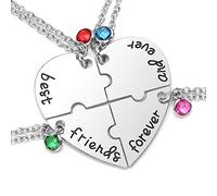 JSDDE Partner Necklaces Set of 4 BFF Pendants with Engraving Best Friends Forever and Ever Heart Puzzle Pendant Friendship Necklaces Gift for Sister Friends (Silver)