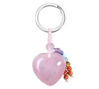 JSDDE Rose Quartz Crystal Heart Stone Keyring 7 Chakra Healing Gemstone Keychain Charm for Women Men Girls Gifts