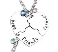 JSDDE Silver Tone Alloy Rhinestone Best Friends Forever and Ever BFF Necklace Engraved Puzzle Friendship Pendant Necklaces Set(Set of 3)