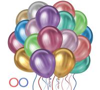 Jsdoin 12 Inch Metallic Rainbow Party Balloons - 100 Packs with 2 Rolls of Balloon Ribbon for Birthday Party, Wedding, Baby Shower Decorations
