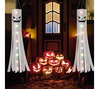 Jsdoin 180CM Halloween Ghost Windsocks Flag with 2M LED Colorful Lights 2 PCS, Hanging Halloween Ghost Decoration Outdoor, Flag Wind Socks Décor for Yard Garden Door Lawn Dead Tree Party Supplies