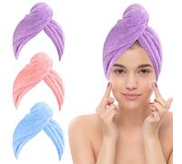 Jsdoin 3 Pack Hair Towel Wrap, Microfibre Wrap Hair Towel with Button Super Quick Absorbent Anti-Frizz Fast Dry Hair Caps Twist Turban for Girls and Women and Best for Long, Wet, Thick Hair