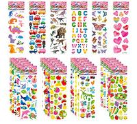Jsdoin 50 Sheets Puffy Stickers for Kids, 1000+ Children 3D Stickers Party Bag Filler for Party Rewarding Gifts Scrapbooking Including Animals Letter Fish Dinosaurs Numbers Fruits Trucks Airplane