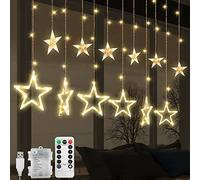 Jsdoin Christmas LED Stars Curtain Lights,12 Stars 138 Window Curtain String Lights with 8 Flashing Modes Decoration for Wedding, Party,Wall, Home Decorations,USB/Battery Powered (Warm White)