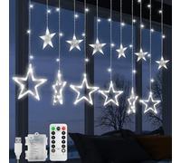 Jsdoin Christmas LED Stars Curtain Lights,12 Stars 138 Window Curtain String Lights with 8 Flashing Modes Decoration for Wedding, Party,Wall, Home Decorations,USB/Battery Powered (Cool White)
