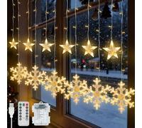 Jsdoin Christmas Window Lights, 3.5M 138 LED Stars Snowflake Curtain String Lights with 8 Flashing Modes USB+Battery-Powered Fairy Light for Christmas Tree,Xmas Wedding Decoration(Warm White)