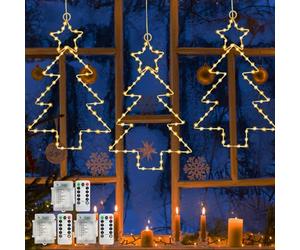 Jsdoin Christmas Window Lights 3 Packs Battery Operated Christmas Tree Lights with 8 Modes & Remote 45 LED Window WWarm Light for Party Indoor Outdoor Window Xmas Decoration (Warm White)