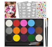 Jsdoin Face Paint, 15 Color Face Painting Palette, with 2 Brushes 40 Stencils, Diamond Stickers, Washable Face Paints for Children Adults Halloween Carnival, Make up Body Paint