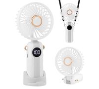 Jsdoin Handheld Fan, Portable Mini Fan with LED Display, 5-Speed Settings and Rechargeable Neck Hanging Fans for Summer Outdoor Travel Home Office (White)