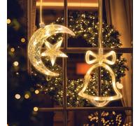 Jsdoin LED Christmas Window Light Moon and Bell, Twinkle Christmas Curtain Light with Timer, Hanging Lights for Party Shop Window Xmas Decoration, Outdoor Indoor, Battery Powered(Warm Light)