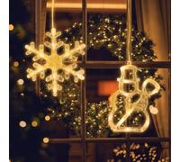 Jsdoin LED Christmas Window Light Snowflake and Snowman, Twinkle Christmas Curtain Light Timer, Hanging Lights for Party Shop Window Xmas Decoration, Outdoor Indoor, Battery Powered(Warm Light)