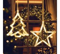 Jsdoin LED Christmas Window Light Stars and Christmas Tree, Twinkle Curtain Light Timer, Hanging Lights for Party Shop Window Xmas Decoration, Outdoor Indoor, Battery Powered(Warm Light)