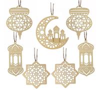 Jsdoin Ramadan Decorations for Home, 7pcs Wooden Pendant Moon Star Wind Light Shape Eid Decorations