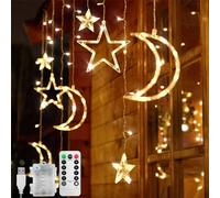 Jsdoin Ramadan LED String Lights - 3.5m Star Moon LED Curtain Lights with 8 Flashing Modes Decoration for Christmas, Wedding, Party, Home, Terrace, Ramadan,Lawn,USB/Battery Powered (Warm White)