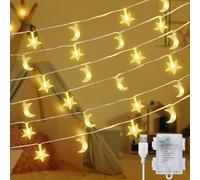 Jsdoin Star Moon Christmas Light 32 ft/10M 80LED Curtain Light, with 8-Mode Control Waterproof Battery Box/USB Cable 1.5M Power Supply, Wedding, Decoration Light，Ramadan Lights Decorations