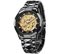 JSDUN Men's Watch Automatic Mechanical Hollow Dragon Watch Luxury Formal Gold Diamond 50M Waterproof Tungsten Steel Luminous Watch, BLACK, Modern