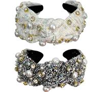 Jseng 2PC Handmade Pearl Braid Headband Cloth Cross Rhinestone Knotted Headbands Elastic Hair Hoop Wide Hairband for Women