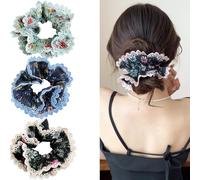 Jseng 3PCS Large Floral Scrunchies for Hair, Boho Floral Hair Ties, Navy, Green and Black