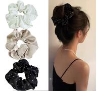 Jseng 3PCS Large Scrunchies for Hair, Sparkling Hair Ties, White, Champagne and Black
