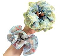Jseng 3PCS Satin Silk Scrunchies for Hair, Large Hair Ties with Watercolor Pattern, Yellow and Blue