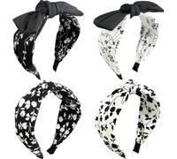Jseng 4Packs Knotted Headbands for Women, Bow Headbands, Black Floral Bandana, Cute Rabbit Ear Hairbands White and Black