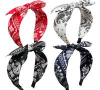 Jseng 4Packs Knotted Headbands for Women, Bow Headbands, Floral Bandana, Cute Rabbit Ear Hairbands White, Red, Navy, Black