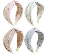 Jseng 4Packs Knotted Headbands for Women, Stripe Floral Headbands, Fashion Cross Knot Wide Hairbands White, Bue, Pink and Red