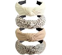 Jseng 4PC Handmade Knotted Headbands Leopard Cloth Cross Top Knot Headbands Elastic Hair Hoop Wide Hairband for Women
