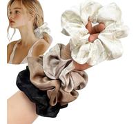 Jseng 4PCS Satin Silk Scrunchies for Hair, Large Hair Ties, Marbling, White, Mocha Gray, Coffee and Black