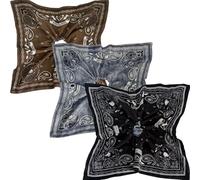 Jseng Large Square Hair Scrunchies - Classic Boho Pattern - Elastic Hair Ties Bands Hair Scrunchy Ponytail Holder for Women - Spirted and Unruly, 3PCs Vintage Brown, Blue and Black
