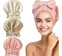 Jseng Microfiber Hair Towel Caps for Wet Hair with Cute Bowtie, 3Packs Fast Drying Hair Towel Caps for Long Curly Hair Women