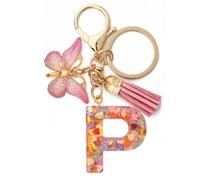 JSGHGDF Sweet Colorful Heart Sequins Initial Letter Keychain Tassels Butterfly Pendant Keyring for Women Girls Handbag Purse