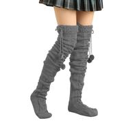 JSGHGDF Women's Warm Cable Knitted Over Knee Boot Socks With Sweet Furry Balls Accents Winter Thigh High Stockings Leg Warmers Winter Thermal Warm Thigh High Leg Warmers