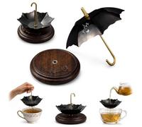 JSGMSW Umbrella Shape Ceramic Tea Strainer,Stainless Umbrella Shape Loose Leaf Filter with Wooden Base,Multi-Purpose Tea Infuser,Filter with Rotating Design for Kung Fu/Coffee/Brewing (Black)