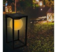 JSH Outdoor Solar Powered Black Metal Lantern | Waterproof for Home & Garden, Path, Walkway, Patio | Modern Freestanding, Table Top Warm White Solar LED Light Bulb | Retro Design (Small)