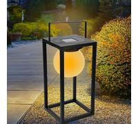 JSH Outdoor Solar Powered Black Metal Lantern | Waterproof for Home & Garden, Path, Walkway, Patio | Modern Freestanding, Table Top Warm White Solar LED Light Bulb | Retro Design (Large)
