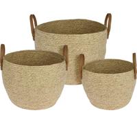JSH Storage Baskets Set of 3 | Natural Woven Seagrass Round Home Organisers | Perfect For Logs, Kids Toys, Towels, Toilet Rolls, Bathroom | Small Medium Large | Various Styles (Natural)